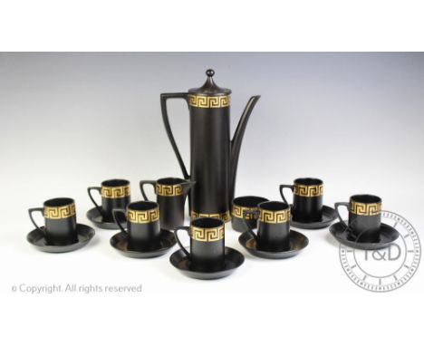 A Portmeirion Pottery Greek Key pattern coffee service, comprising: a coffee pot and cover, 33cm high, seven coffee cups and 