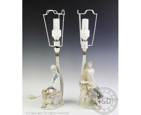 A pair of Lladro figural glazed pottery lamp bases with shades, one modelled as a young man, the other similarly modelled as 