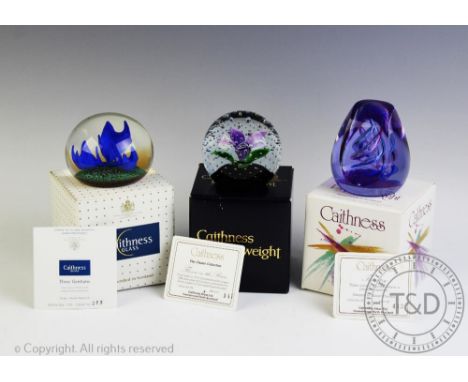 Three Caithness glass paperweights comprising: Three Gentians, L96028 edition no. 273/750 issued 1996 and designed by Alastai