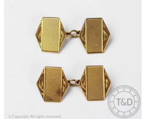 A pair of 9ct yellow gold gentleman's cufflinks, each of hexagonal form with engine turned and bright cut detailing, 3.9 gram