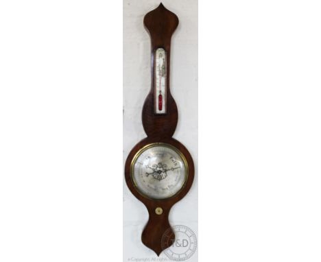 A 19th century mahogany cased mercury barometer, of banjo form with silvered central dial below a thermometer, 95cm high