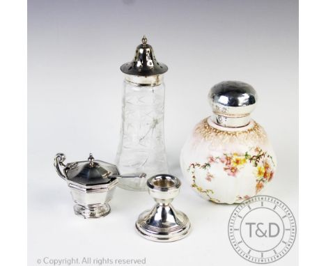 A selection of silver to include a Victorian silver topped Doulton Burslem scent bottle, Birmingham 1899, 13cm high, a George