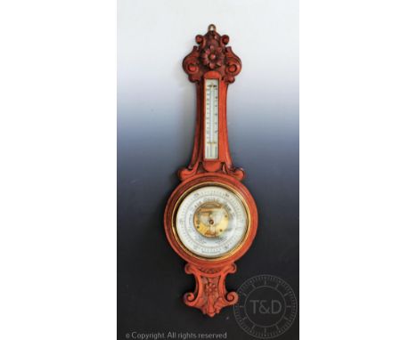 A Victorian carved oak aneroid barometer, and thermometer, 89cm, with a 19th century oak candle box (2) CONDITION REPORT: Fra