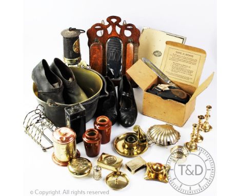 An Ackroyd &amp; Best Ltd type 01 miner's lamp numbered 260, with a further selection of brass and copper wares to include: c