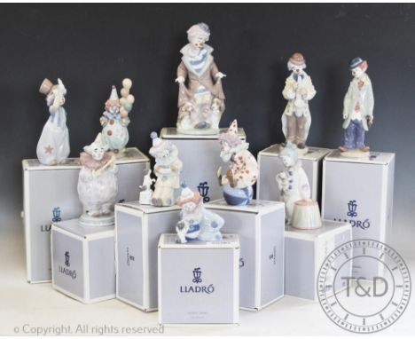 Ten Lladro clowns, comprising: Pierrot With Concertina, The Show Begins, Sad Sax, Pierrot With Puppy & Ball, Having A Ball, T