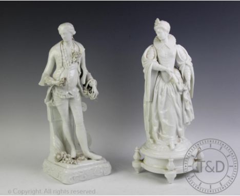 A 19th century Meissen porcelain white glazed figure of a gentleman, modelled standing and supported by a lyre plinth graspin