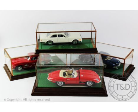 Four large scale diecast models, comprising; Burago Mercedes 300 SL x2, Burago Rolls Royce Campargue and E-type Jaguar, each 