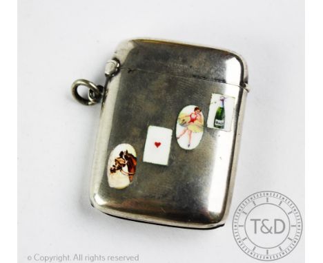 A continental 800 standard silver vesta case, circa 1900, designed as a rectangular case enamelled with four vices, 4.5cm hig