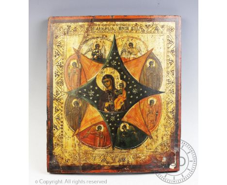 An Orthodox icon,  Oil on panel,  Centrally painted with Our lady of the ladder (The Virgin Mary) with infant Christ, within 