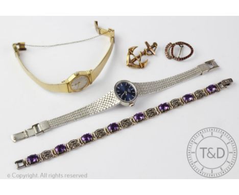 A Georgian garnet set crowned heart brooch, with a 9ct gold anchor brooch, a Seiko wristwatch, a Rotary wristwatch and a brac