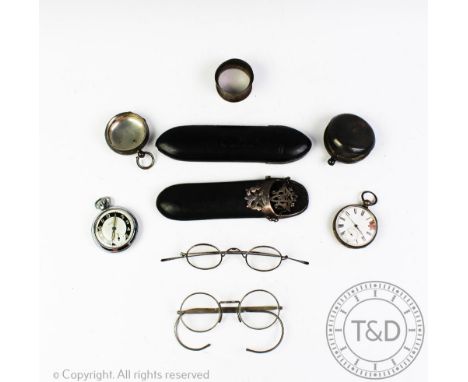 A Victorian silver mounted spectacle case and spectacles with two further examples, an Ingersol pocket watch, a further pocke