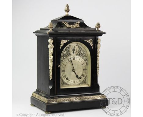 An early 20th century Winterhalder &amp; Hofmeier German ebonised eight-day bracket clock, the architectural case with pagoda