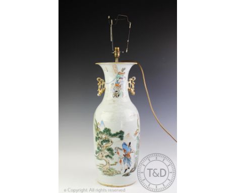 A 20th century Chinese famille rose porcelain lamp, decorated with figures in gardens, vase 60cm H CONDITION REPORT: General 