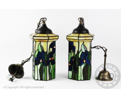 A pair of stained glass ceiling lights, decorated with iris, 37cm high (2) CONDITION REPORT: Lighting lots are sold as decora
