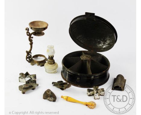 A 19th century toleware spice box, of cylindrical form, six section interior with internal spice grater, 18cm diam, with othe