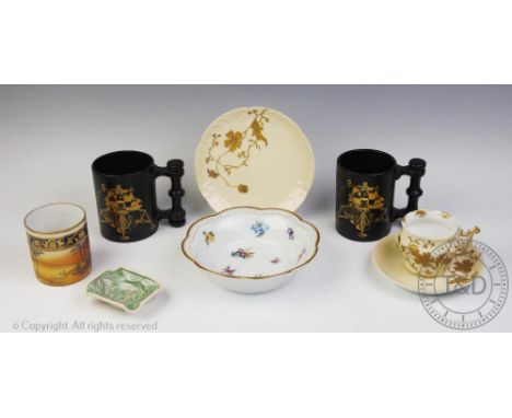 Two Apollo 11 by John Cuffley, Portmeirion pottery mugs, with a Portmeirion Pamona pattern large bowl and ladle, bowl 29cm di