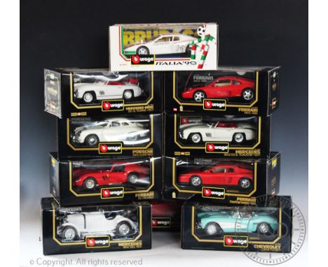 Ten boxed Burago 1:18 scale diecast vehicles, comprising; Ferrari 348TB, Ferrari 250 GTO, Ferrari F40, Porsche 356B coupe, Me