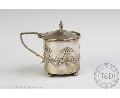 A George V silver drum mustard, W J Myatt &amp; Co, Birmingham 1911, of cylindrical form with ebossed garland swag design, bl