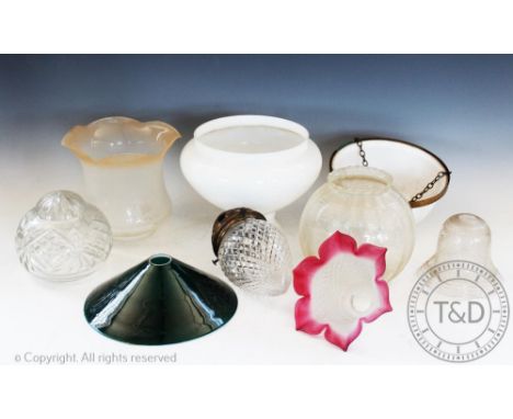 Ten assorted glass lamp shades, to include a cut clear glass lamp shade of pear shape, an opaque glass plafonnier of small pr