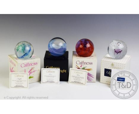 Four Caithness glass paperweights comprising: Sirocco Aqua, U9170 issued 1991 and designed by Margot Thomson; Ruffles, issued
