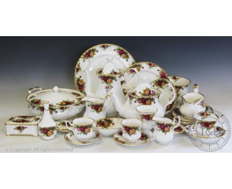 A Royal Albert Old Country Roses dinner, tea and coffee service comprising: six dinner plates, six soup bowls, six cereal bow