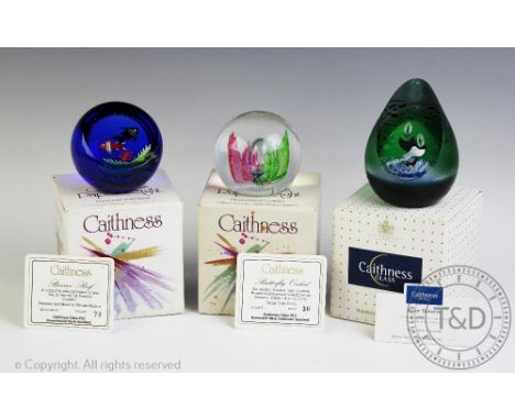 Three Caithness glass paperweights comprising: Barrier Reef, L9131 edition no. 78/250 issued 1991 and designed by William Man