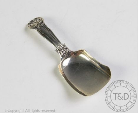 A Victorian silver caddy spoon, birmingham 1847, with sinuous shaped initialled terminal 'G.M', 9.5cm long CONDITION REPORT: 