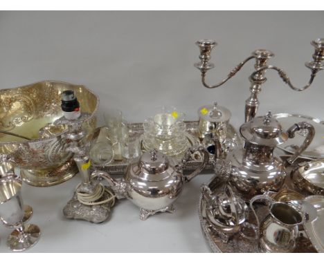 ASSORTED ELECTROPLATED METALWARE including punch bowl, three light candelabrum, wine goblets, hors d'oeuvre ETC