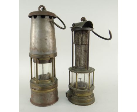 VICTORIAN BRASS DAVY MINERS SAFETY LAMP with gauze funnel, stamped with Prince of Wales feathers, 24.5cms high, and a Wolf sa
