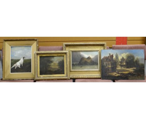 19TH CENTURY FLEMISH SCHOOL oil on canvas - view of a medieval town, 36 x 50cms, unframed, two other 19th Century landscapes,