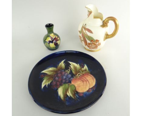 WILLIAM MOORCROFT HIBISCUS SMALL VASE, By Appointment paper label, 9.5cms, Moorcroft grape and peach dish, 67/75, Showplace b