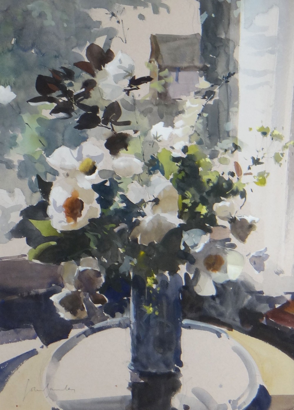 JOHN YARDLEY watercolour - still life of flowers in a vase on a tray ...