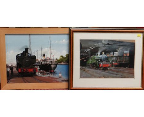 RAILWAY INTEREST PICTURES comprising Archie Jones acrylic - St Helier docking beside GWR tank engine, signed and dated '89, a