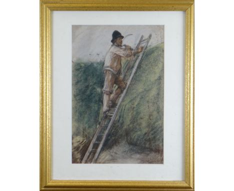 FOLLOWER OF EDWARD STOTT pastel - gardener on ladder trimming hedge, bears signature, 41 x 27cms