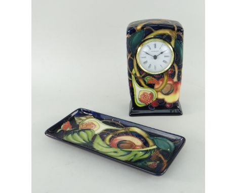 MOORCROFT 'QUEENS CHOICE' PATTERN 'FIG &amp; PEACH' MANTLE CLOCK &amp; PIN TRAY, circa 2000, impressed and painted marks, clo