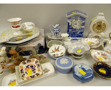 ASSORTED CERAMICS including two German bisque bird figurines, Spode Italian pattern clock ETC