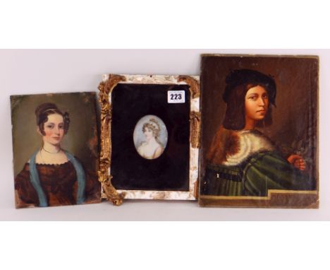 19TH CENTURY OVAL PORTRAIT MINIATURE OF A LADY WITH PEARLS &amp; LACE HEADBAND, 8cms, and two other small portraits on card (