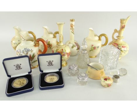 ASSORTED ROYAL WORCESTER BLUSH IVORY PORCELAIN, JUGS, VASES ETC., two silver mounted cut glass jars, a perfume bottle, and tw