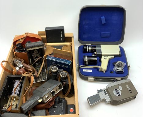 A group of assorted cameras and binoculars, to include Kodak Jr, Kodak Brownie, Kodak Instamatic, cine cameras, Halina 35x, P