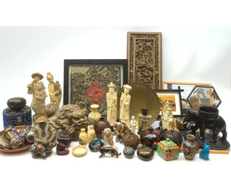 A collection of assorted Oriental wares, to include a number of carved ivorine figures, carved wooden panel, composite model 