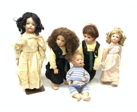 A group of five reproduction bisque head dolls, one example marked K&amp;R to neck (Kammer and Reinhardt).  - Condition Repor