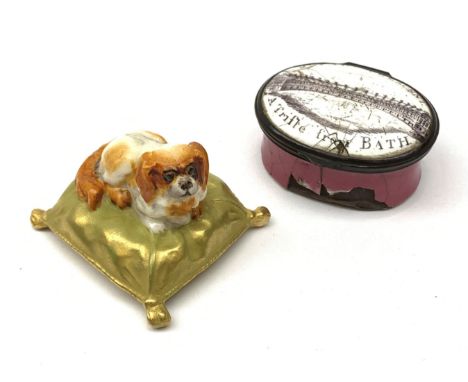 A Royal Worcester miniature model of a Spaniel dog upon a gilt cushion, c1900, with printed mark beneath, together with a Geo