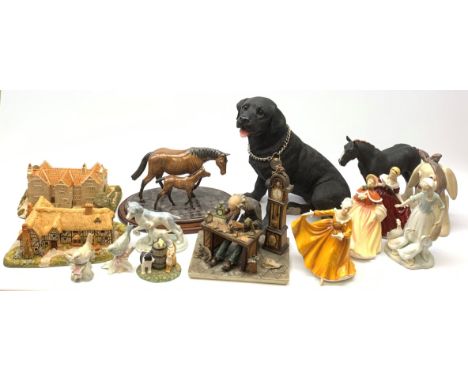 Two Royal Doulton figures; Kirsty and Autumn, Heredities Creamware Horse group, large model of a Black Labrador, two Mileston