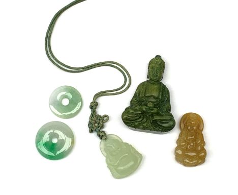 A jade pendant modelled as a hotai, H3.5cm, two small jade pi discs, a further carved pendant modelled as a buddah, and a car