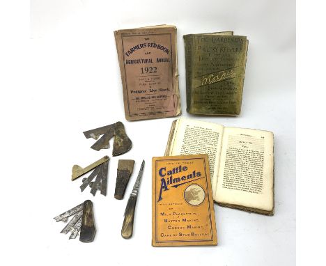 Three veterinary or agricultural fleams, two brass cased and one horn cased, together with a hoof knife, and four agricultura