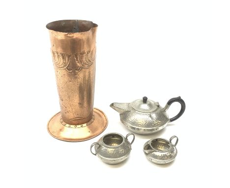 A large copper Arts and Crafts style vase, H34cm, together with an English planished pewter tea set, comprising tea pot, milk