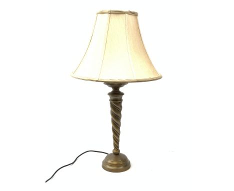 A bronzed table lamp, with tapering twist stem and fabric shade, including shade H70cm.  - Condition Report 