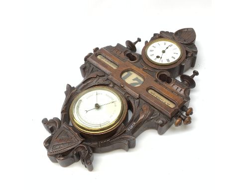 A late 19th century oak wall hanging combination clock, barometer and perpetual calendar, the 8.5cm white enamel dial with Ro