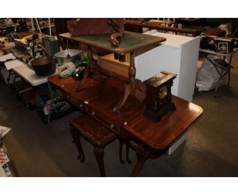 A reproduction drop leaf sofa table; a reproduction occasional table raised on stretcher base; a pair of graduated occasional