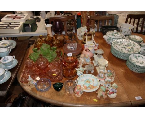 Three glass dressing table sets, a quantity of Cherished teddy ornaments, a Bells scotch whisky decanter etc 